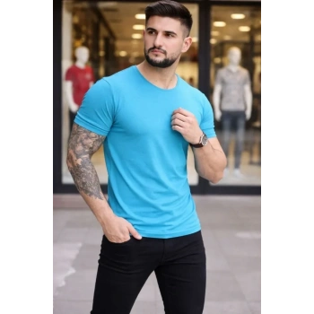 Erkek T-Shirt Bisiklet Yaka Slim Fit Dar Kesim Likralı Tişört Günlük Basic Body - Açık Mavi