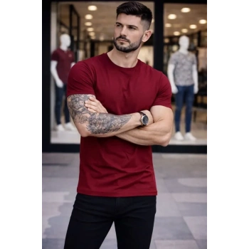 Erkek T-Shirt Bisiklet Yaka Slim Fit Dar Kesim Likralı Tişört Günlük Basic Body - Bordo