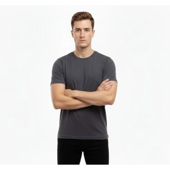 Erkek T-Shirt Bisiklet Yaka Slim Fit Dar Kesim Likralı Tişört Günlük Basic Body - Füme