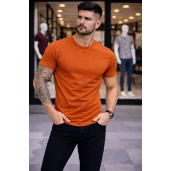 Erkek T-Shirt Bisiklet Yaka Slim Fit Dar Kesim Likralı Tişört Günlük Basic Body - Koyu Turuncu