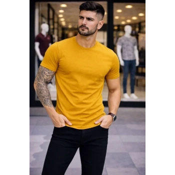 Erkek T-Shirt Bisiklet Yaka Slim Fit Dar Kesim Likralı Tişört Günlük Basic Body - Limon