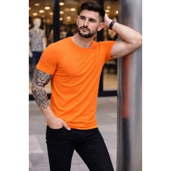 Erkek T-Shirt Bisiklet Yaka Slim Fit Dar Kesim Likralı Tişört Günlük Basic Body - Turuncu