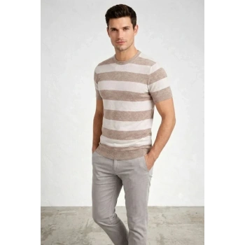 Erkek T-shirt Çizgili Triko Dokuma Bisiklet Yaka Tişört - Bej