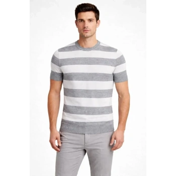 Erkek T-shirt Çizgili Triko Dokuma Bisiklet Yaka Tişört - Gri