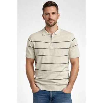 Erkek T-shirt Çizgili Triko Dokuma Kumaş Polo Yaka Yarım Fermuarlı Regular Kalıp Tişört - Bej