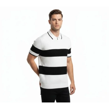 Erkek T-shirt Çizgili Triko Dokuma Kumaş Polo Yaka Yarım Fermuarlı Regular Kalıp Tişört - Beyaz