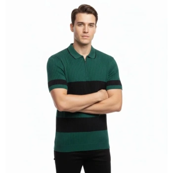 Erkek T-shirt Çizgili Triko Dokuma Kumaş Polo Yaka Yarım Fermuarlı Regular Kalıp Tişört - Çağla Yeşili