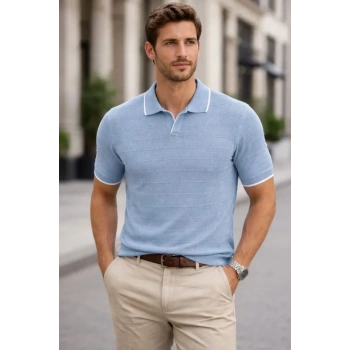 Erkek Triko Kumaş Yakalı Düğmesiz Açık Yaka Fitilli Kısa Kollu Regular Fit Tişört T-shirt - Bebek Mavisi