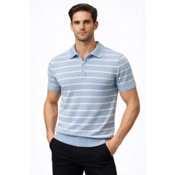 Erkek Triko Polo Yaka Fermuarlı Çizgili Tişört T-Shirt Yazlık Şık - Bebek Mavisi