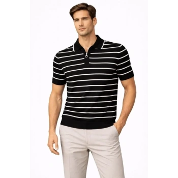 Erkek Triko Polo Yaka Fermuarlı Çizgili Tişört T-Shirt Yazlık Şık - Siyah