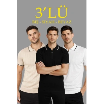 Erkek Triko Tişört Fermuar Yakalı Kısa Kol T-Shirt 3’lü Set Bej-Beyaz-Siyah