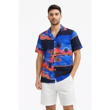 Erkek Tropikal Ada Manzara Desenli Kısa Kol Gömlek Hawaii Tarz Yazlık Rahat Kalıp - Desenli