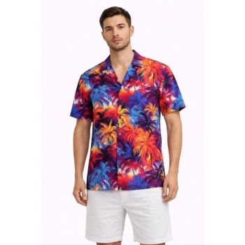 Erkek Tropikal Desenli Kısa Kol Gömlek Rahat Kalıp Yazlık Hawaii Tarz - Desenli