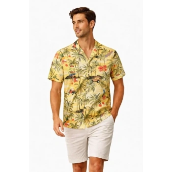 Erkek Tropikal Palmiye Desenli Kısa Kol Gömlek Hawaii Tarz Yazlık Rahat Kalıp - Desenli