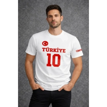 Erkek TÜRKİYE Ay Yıldız Baskılı 10 Numara Forma Tişört Taraftar T-Shirt - Beyaz