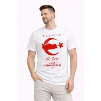 Erkek TÜRKİYE Ay Yıldız Baskılı Taraftar Forma T-Shirt - Beyaz