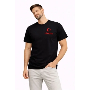 Erkek TÜRKİYE Ay Yıldız Baskılı Taraftar Forma T-Shirt - Siyah