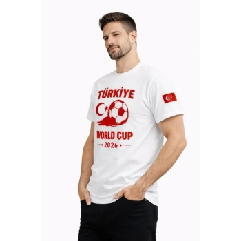 Erkek Türkiye World Cup 2026 Baskılı Tişört Futbol Temalı Forma T-Shirt - Beyaz