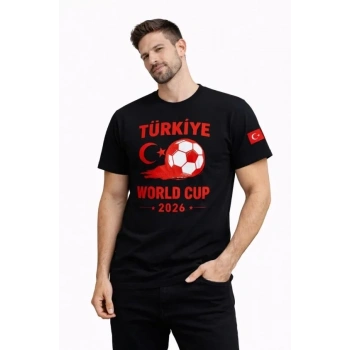 Erkek Türkiye World Cup 2026 Baskılı Tişört Futbol Temalı Forma T-Shirt - Siyah