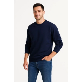 Erkek Üç İplik Düz Bisiklet Yaka SweatShirt - Lacivert