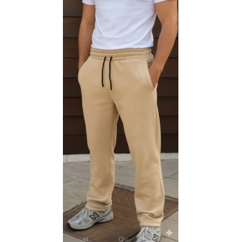 Erkek Üç Iplik Kışlık Pamuklu Ovarsize Bağcıklı Düz Paça Cepli Eşofman Altı Spor Rahat Model - Bej