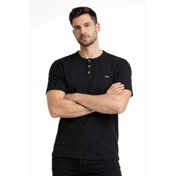 Erkek Waffle Dokulu Likralı Henley Yaka Düğmeli Regular Fit Kısa Kollu T-Shirt - Siyah