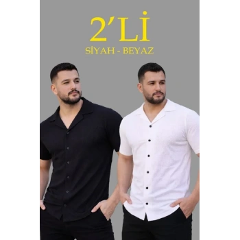 Erkek Waffle Dokuma Açık Yakalı Düğmeli Regular Kalıp 2’li Gömlek Seti - Siyah - Beyaz