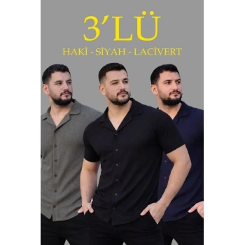 Erkek Waffle Dokuma Açık Yakalı Düğmeli Regular Kalıp 3’lü Gömlek Seti - Siyah, Haki, Lacivert