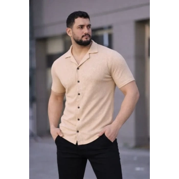 Erkek Waffle Kumaş Kısa Kollu Düğmeli Açık Yaka Regular Fit Gömlek - Bej