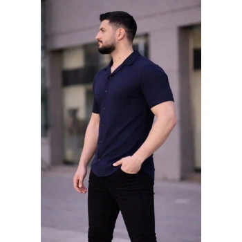 Erkek Waffle Kumaş Kısa Kollu Düğmeli Açık Yaka Regular Fit Gömlek - Lacivert