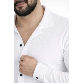 Erkek Waffle Kumaş Uzun Kollu Düğmeli Açık Yaka Regular Fit Gömlek - Beyaz