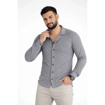 Erkek Waffle Kumaş Uzun Kollu Düğmeli Açık Yaka Regular Fit Gömlek - Füme
