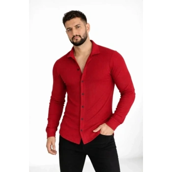 Erkek Waffle Kumaş Uzun Kollu Düğmeli Açık Yaka Regular Fit Gömlek - Kırmızı