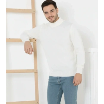 Erkek Yarım Boğaz Triko Kazak Yumuşak Dokulu Pamuklu Ince Dokuma, Uzun Kollu Rahat Regular Kalıp - Beyaz