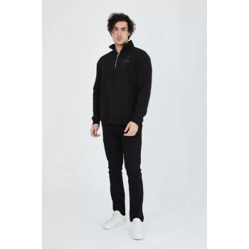 Erkek Yarım Fermuarlı Baskılı Sweat - Siyah