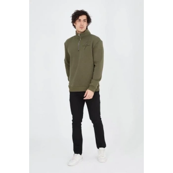 Erkek Yarım Fermuarlı Baskılı Sweat - Yeşil