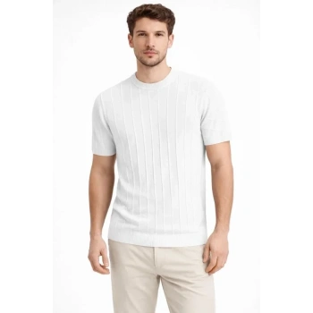 Erkek Yazlık Fitilli Triko Tişört Kısa Kol Bisiklet Yaka T-Shirt - Beyaz