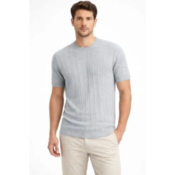 Erkek Yazlık Fitilli Triko Tişört Kısa Kol Bisiklet Yaka T-Shirt - Gri