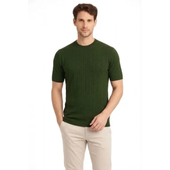 Erkek Yazlık Fitilli Triko Tişört Kısa Kol Bisiklet Yaka T-Shirt - Haki