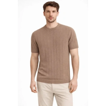 Erkek Yazlık Fitilli Triko Tişört Kısa Kol Bisiklet Yaka T-Shirt - Kahverengi
