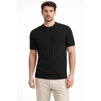 Erkek Yazlık Fitilli Triko Tişört Kısa Kol Bisiklet Yaka T-Shirt - Siyah