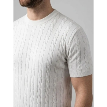 Erkek Yazlık Triko Dokuma Tişört Kısa Kol Bisiklet Yaka Örgü Desenli T-Shirt - Beyaz