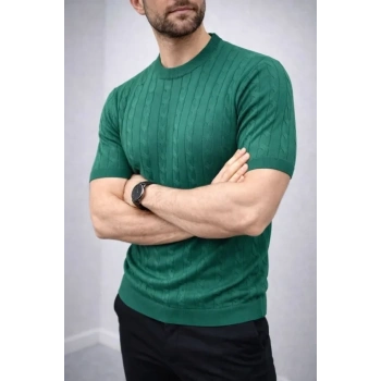 Erkek Yazlık Triko Dokuma Tişört Kısa Kol Bisiklet Yaka Örgü Desenli T-Shirt - Haki