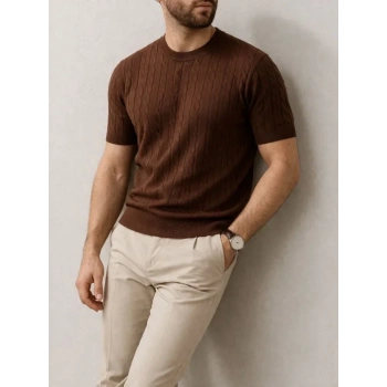 Erkek Yazlık Triko Dokuma Tişört Kısa Kol Bisiklet Yaka Örgü Desenli T-Shirt - Kahverengi