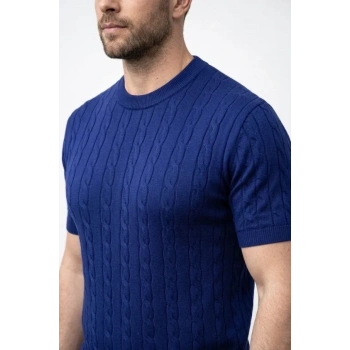 Erkek Yazlık Triko Dokuma Tişört Kısa Kol Bisiklet Yaka Örgü Desenli T-Shirt - Lacivert