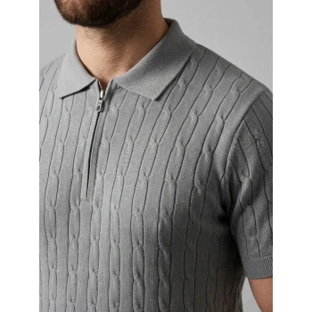 Erkek Yazlık Triko Saç Örgü Tişört Kısa Kol Polo Yaka Fermuarlı T-Shirt - Gri