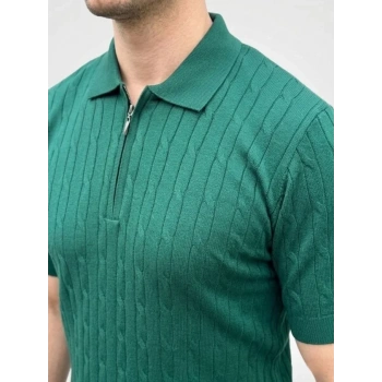 Erkek Yazlık Triko Saç Örgü Tişört Kısa Kol Polo Yaka Fermuarlı T-Shirt - Haki