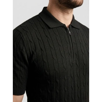 Erkek Yazlık Triko Saç Örgü Tişört Kısa Kol Polo Yaka Fermuarlı T-Shirt - Siyah