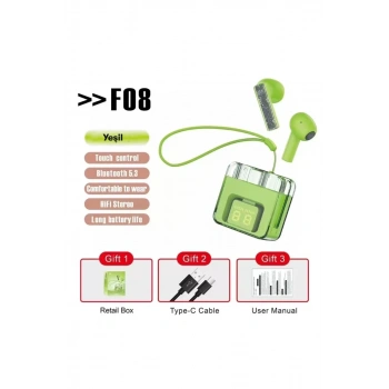 F08 Dijital Şarj Göstergeli TWS Bluetooth Kulaklık - Yeşil