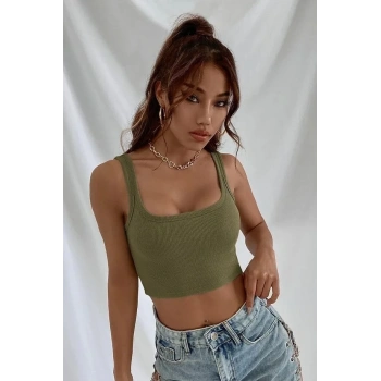 Fitilli Kalın Askılı Pamuklu Örme Crop Bej